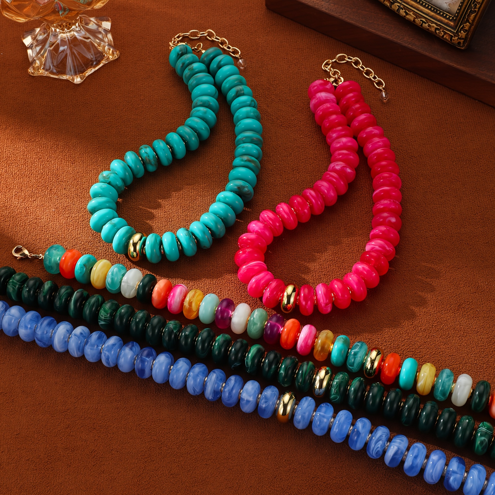 2D Flat Multicolor Marbled Resin Disc Choker Necklace, Boho Style